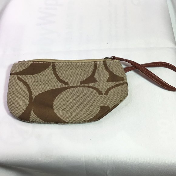 Coach Signature Tan & Black Wallet Wristlet Clutch 6x4 Zip Small Card Holder - Picture 2 of 7